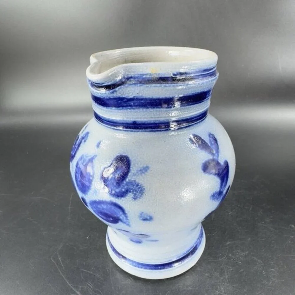 Vintage‎ German Pottery Salt Glaze Cobalt Blue Gray Glaze Pitcher Large Creamer